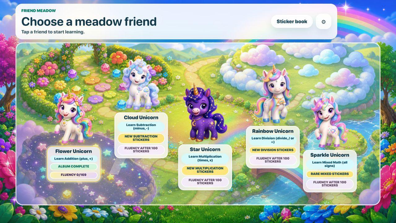 Rainbow Math meadow map with five unicorn friends for different kinds of math practice